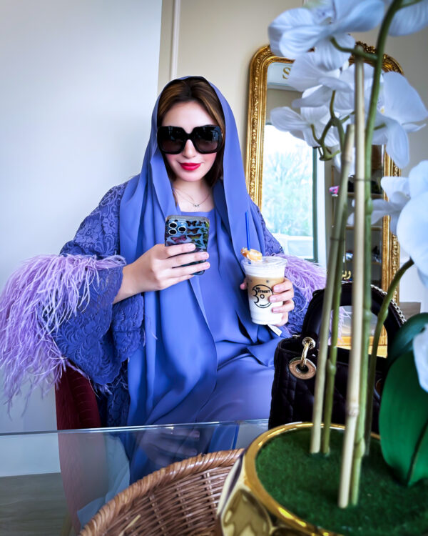 Purplish Blue Dantel Abaya with Luxury Feathers including Chiffon Inner Dress and Shaila