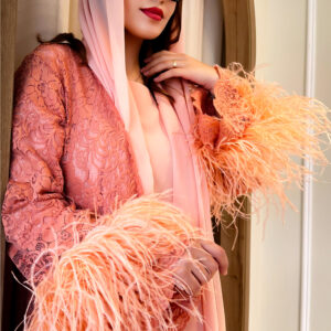 Creamy Peach Dantel Abaya with Luxury Feathers including Chiffon Inner Dress and Shaila