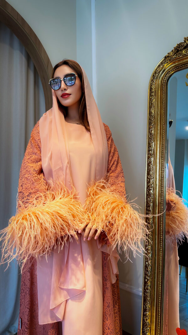 Creamy Peach Dantel Abaya with Luxury Feathers including Chiffon Inner Dress and Shaila