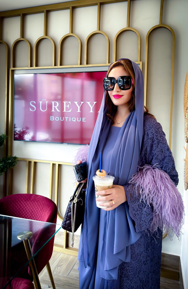 Purplish Blue Dantel Abaya with Luxury Feathers including Chiffon Inner Dress and Shaila