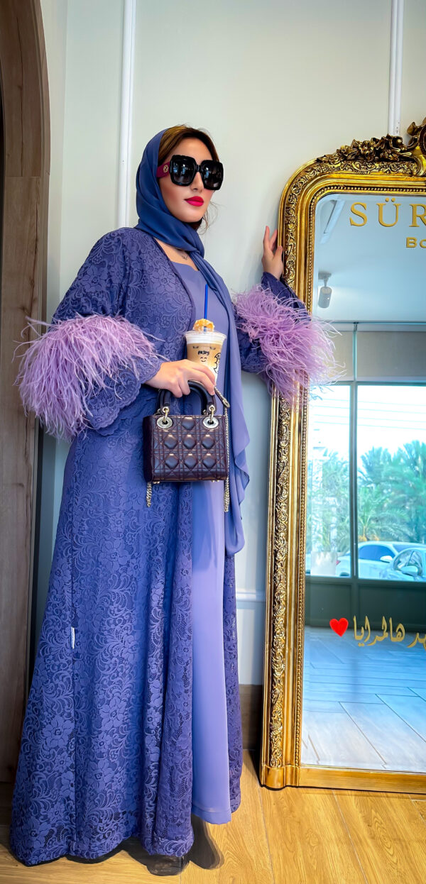 Purplish Blue Dantel Abaya with Luxury Feathers including Chiffon Inner Dress and Shaila